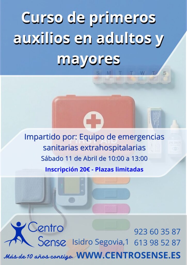 Cartel del curso de primeros auxilios en adultos y personas mayores en Salamanca Centro Sense.