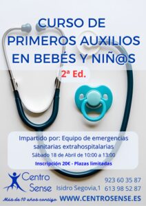 Cartel de la segunda edición del curso de primeros auxilios en bebés y niños en Salamanca Centro Sense.